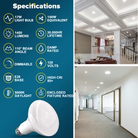 Vannise BR40 Led Light Bulbs 5000k Daylight Dimmable, 6 Pack High Output BR40 Led Light Bulbs 17W 120V Equivalent 100w Long Lasting, No Flicker E26 Base BR40 Flood Lights Indoor & Kitchen Lighting