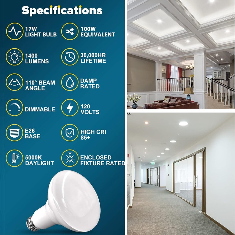 Vannise BR40 Led Light Bulbs 5000k Daylight Dimmable, 6 Pack