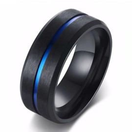 MMTTAO Men's Titanium Ring Wedding Band for Men Women 8MM Black Plated Engagement Band Wedding Ring Blue Grooved Center Matte Brushed Finish Beveled Edge Comfort Fit Jewelry Gift, Blue Black, Size 10