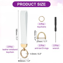 sourcing map Leather Wristlet Keychain Car Key Chain Wristlet for Women, 7 Inch Key Fob Holder with D Ring and 2 Key Ring for Keys Wallets Purse, Gold Tone/White Pack of 2