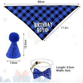 3pcs Dog Birthday Party Supplies, Plaid Dog Birthday Bandana Boy Scarf, Reusable Dog Birthday Hat, Adjustable Bow Tie for Pets, Perfect Birthday Outfit for Cats and Dogs, Birthday Decoration Set