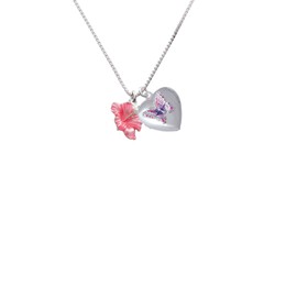 Delight Jewelry Hot Pink Hibiscus Flower You are more Loved Pink Butterfly Heart Locket Necklace
