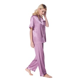 Women's Short Sleeve Classtic Satin Pajama Set (Large, Light Purple)