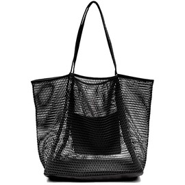 Large Mesh Beach Tote Bag, Foldable Oversized Lightweight Grocery Storage Net Bag Handbag for Women with Zipper Pocket Toys Towels for Family Travel Waterproof Pool Bag Vacation Beach Trip