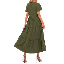 KIRUNDO Womens Summer Dresses 2025 Spring Flutter Sleeve Button V Neck Pleated Loose Pocketed Tiered Swing Flowy Maxi Dress(Army Green, XX-Large)