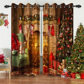 Renaiss Christmas Fireplace Blackout Curtains for Bedroom Xmas Trees Socks Gifts Window Curtain Winter Holiday Window Drapes for Living Room Decor Darkening Curtains 2 Panels Set, 42x84 Inch