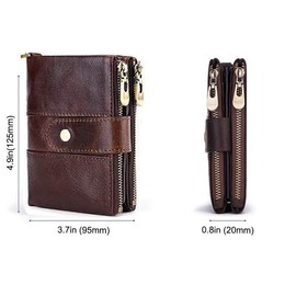 Leather Mens Wallet RFID Blocking Soft Genuine Gents Wallet with Chain, Double Zipper Men Leather Wallets with Coin Pocket Small Mens Bifold Wallets 16 Card Holder (Coffee)