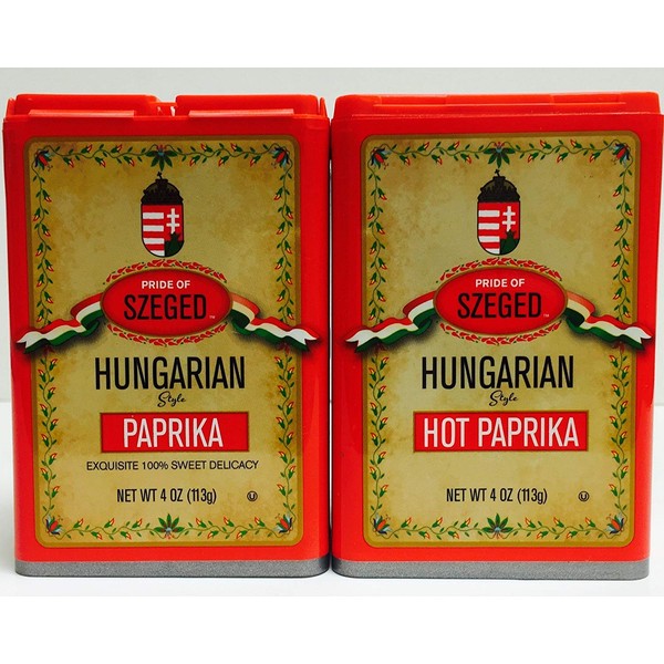 Pride of Szeged Hungarian Style Sweet Delicacy Paprika (4 oz) and Hot Paprika (4 oz) - PACK OF 2