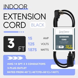 HeyYance 3 Ft Flat Plug Extension Cord- 14 Gauge 3 Prong SPT-3 Cable Wire, Ideal for Air Conditioners, Refrigerators, and Major Appliances - Indoor Use, Black