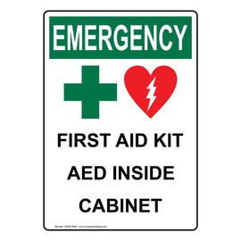 ComplianceSigns.com Vertical Emergency First Aid Kit AED Inside Cabinet OSHA Safety Label Decal, 5x3.5 in. Vinyl 4-Pack