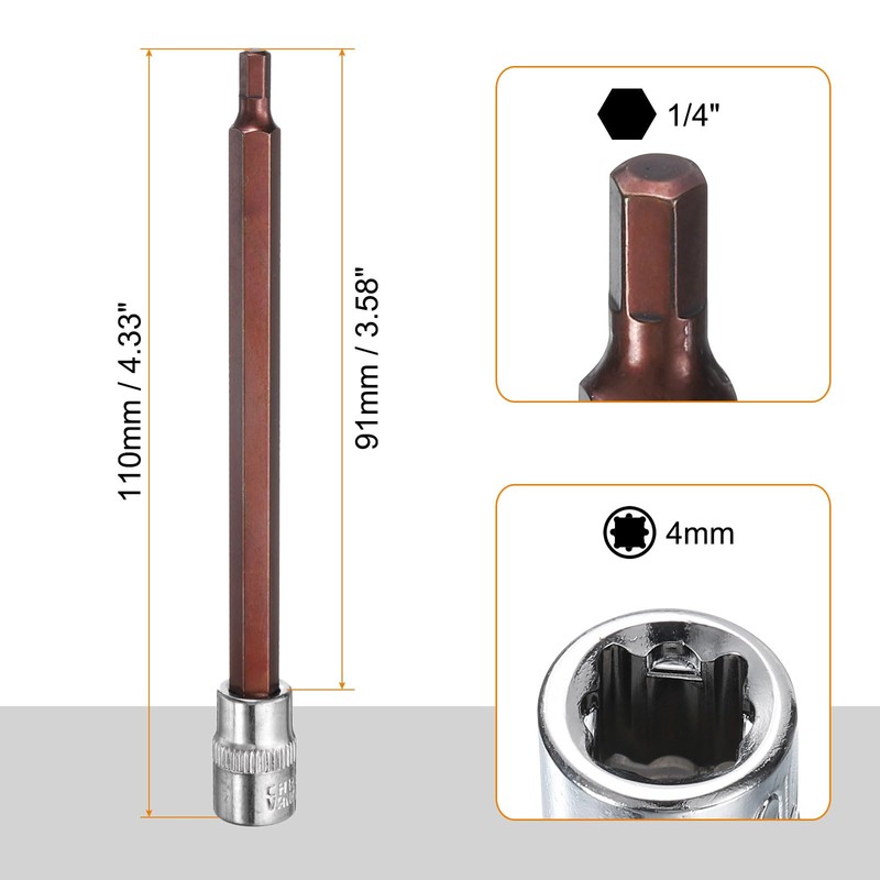 sourcing map 4mm Hex Bit Socket 1/4" Drive SAE S2