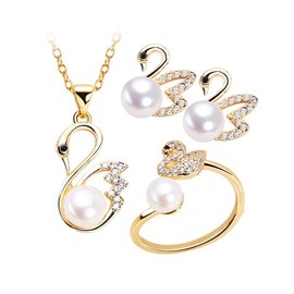 BKEPDY Jewellery Set Women's Swan Chain Bracelet Ring Necklace 3 Pieces Imitation Pearls Women's Jewellery Set Delicate Women's Jewellery Set Accessories Jewellery Set Girls for Girlfriend Mother