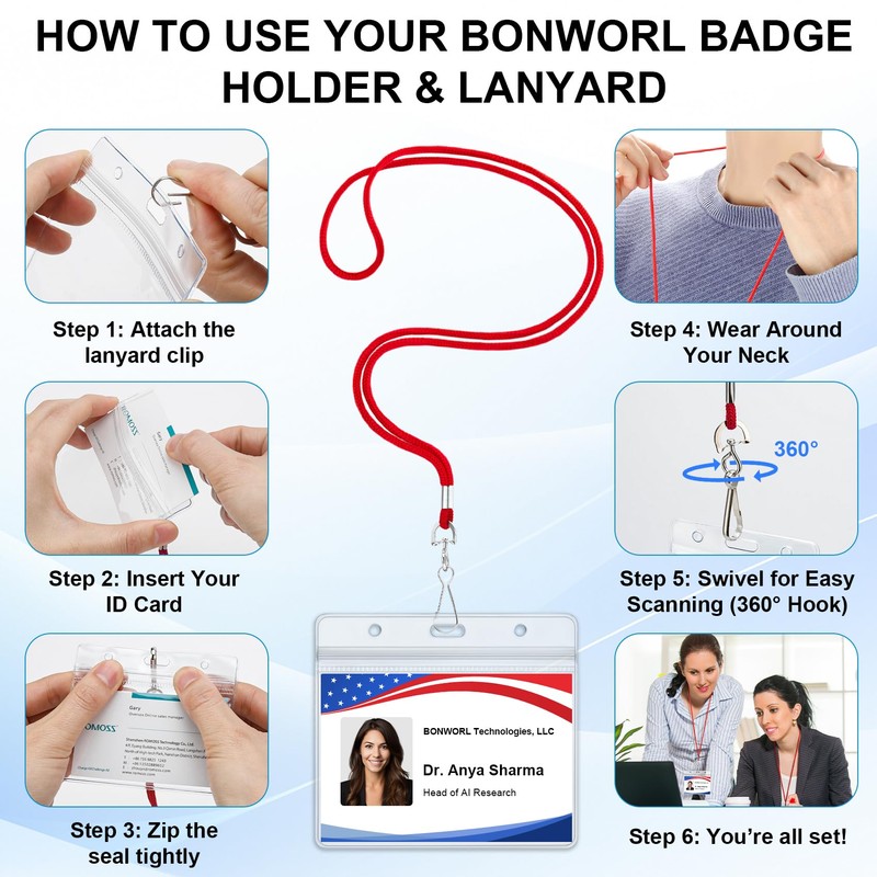 Red Lanyards for ID Badges 10 Pack with ID Holder,