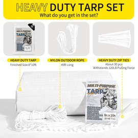 Tarps Heavy Duty Waterproof 8 X 10 Feet, Multipurpose Protective Cover for Rain Shelter Camping Boat, Outdoor Tarpaulin with 120lbs Tensile Strength Ties & 49ft Nylon Rope(10 Mil Thick)