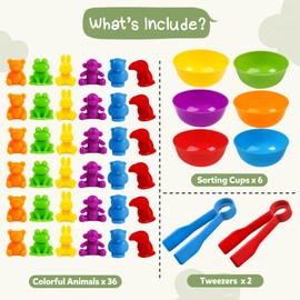 TSYAN 36PCS Counting Animals Matching Games Sensory Toys with Sorting Bowls Preschool Learning Activities Color Classification Montessori Educational Toys Set Gift for Boys Girls Toddlers Toys Age 3+