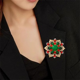 Rhinestone Lotus Flower Brooch Pin for Women Girls Gold Plated Exaggerated Fashion Crystal Red Green Imitation Jade Flowers Brooches Lapel Pins Dress Accessories Vintage Floral Chirstmas Jewelry