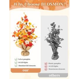 BLOSMON Fall Home Decor Table: 2 Pcs 19.7 Inch Autumn Tree Decorations with Timer 30 LED Lights for Thanksgiving - Artificial Tree Pumpkin Berry Maple Leaf Pine Cone for Centerpiece Tabletop