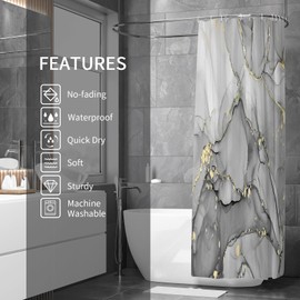 Gibelle Long Shower Curtain 72 x 78, Abstract Grey Marble Fabric Shower Curtain, Modern Ink Art Waterproof Bathroom Shower Curtain Set with Hooks