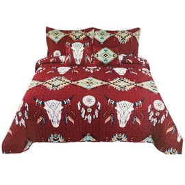 Western Peak 5 Piece Bull Skull Native Tribal Feather Artisan Southwestern Boho Design Quilt Bedding Set with Shams and Decorative Pillows (Red, King)