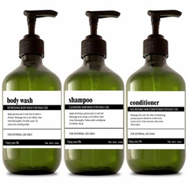 Abriclo Refillable Shampoo and Conditioner Bottles, 17oz Shampoo and Conditioner Dispenser Soap Dispenser Shampoo Dispenser Lotion Dispenser with 8 Waterproof Labels for Bathroom Hotel - Green, 3pcs