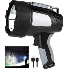 LBE Rechargeable Spotlight Outdoor, 90,000 Lumens Led Spotlight Flashlight with Cob Light and Foldable Tripod, 6 Modes Waterproof Handheld Spot Light for Outdoor Marine Boating Hµnting
