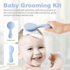 Baby Grooming Kit 6 - Piece Set in Storage Bag(Blue) - Soft Brush, Comb, Nail Clippers, Nasal Aspirator, Safety Scissors & File for Newborn/Toddler Ca