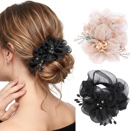 CAKURE Flower Scrunchies Decorative Hair Ties Organza Hair Scrunchies Fancy Hair Accessories for Women（Pack of 2) (a-Black&Champagne)