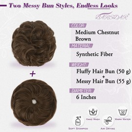 BARSDAR 2 PCS Messy Bun Hair Pieces, Elastic Medium Chestnut Brown Messy Hair Bun Scrunchies Extensions for Women Synthetic Thick Fluffy Updo Chestnut Brown Hairpieces Daily