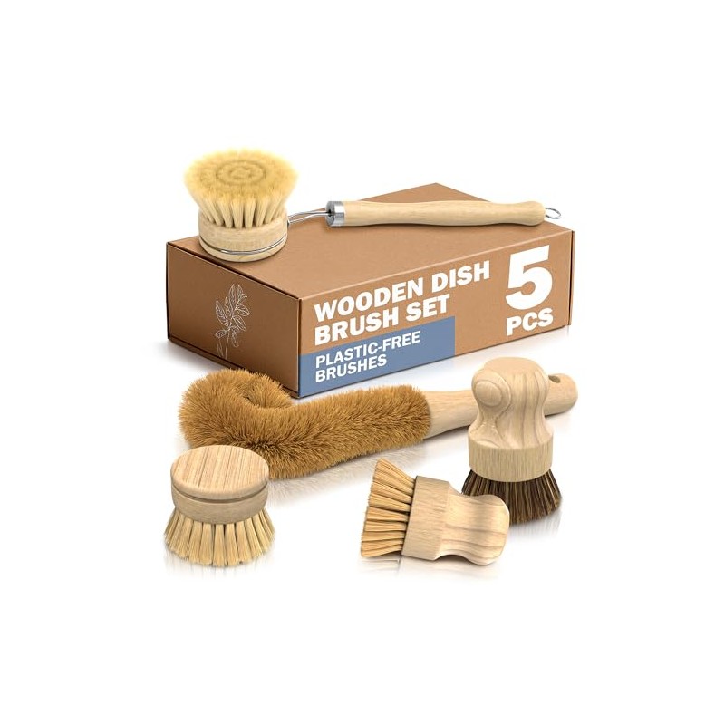 5 Pcs Bamboo Dish Brush Set, Non-Scratch Bristles, Replacement Head