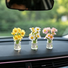 GUOYOU 3 Pcs Daisy Car Decorations, Realistic Cute Car Accessories, Mini Dashboard Accessories for Garden Landscape Home Automotive Dash Decoration Desktop Ornament (Pink White Yellow)