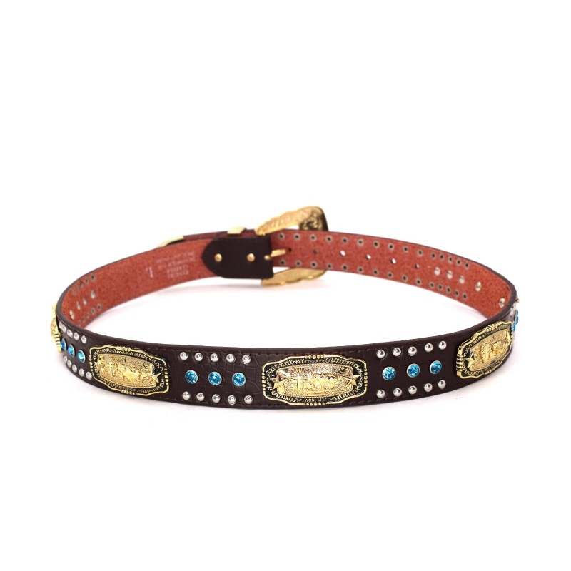 Western Belt Coffee Gold Cowboy Prayer Men Blue Stone Crocodile