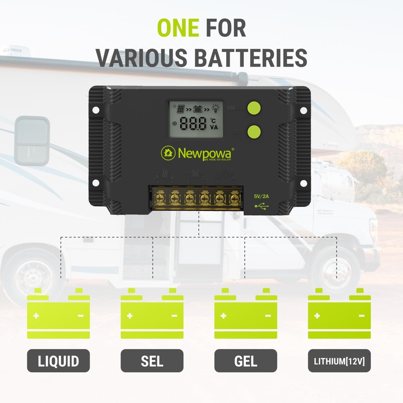Newpowa 10A PWM Solar Charge Controller 12V/24V LCD Display Off
