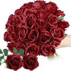 Thiccywoov 30 Pcs Rose Artificial Flowers in Bulk Real Touch Long Stem Silk Roses Bouquets Realistic Faux Flowers for Wedding Bridal Shower Home Decor Floral Arrangements Table Centerpiece(Burgundy)