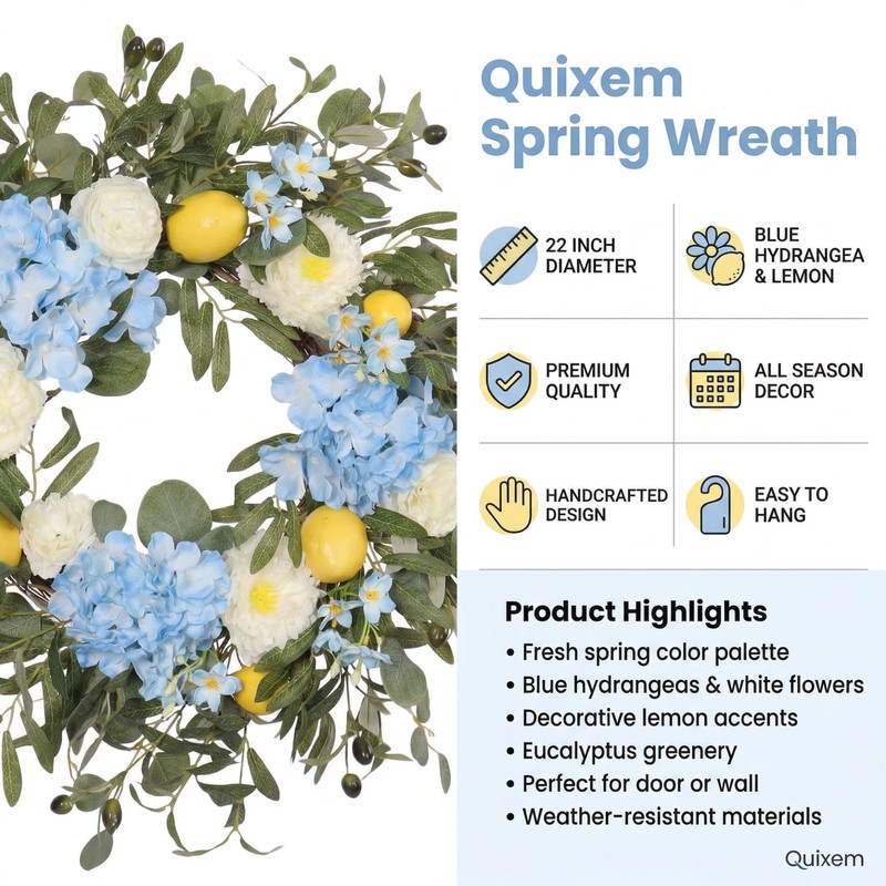 Quixem 22 Inch Lemon Wreath for Front Door, UV Resistant