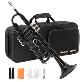 Soulmate Bb Trumpet Brass Standard Gold Trumpet Instrument for Student School Band Orchestra Adult Beginner withwith Hard Case, Cleaning Kit, 7C Mouthpiece and Gloves, Black