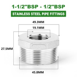 TAISHER 2 Pcs 304 Stainless Steel Reducer Hex Bushing, 1-1/2" BSP Male x 1/2" BSP Female, Reducing Pipe Adapter Fitting, for Water Oill Air Gas