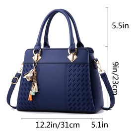 SMALLBLUER Bolso de mano con asa superior para mujer, de piel sintética suave, con colgante de borla, Azul, Talla unica