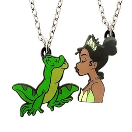 DEZHAN Princess Couples Cute Character Pendant Necklace Set, 2-Piece Frog Necklace, Silver Chain