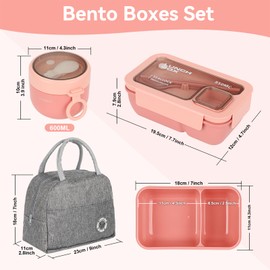 Esilihom Lunch Box Adults, Leakproof Bento Box Set with Lunch Bag, Utensils, Oats Container, for Men Women Student Office School, Food Storage with Fork & Spoon, Pink