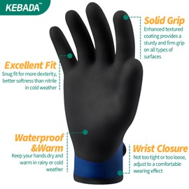 Kebada T2 Waterproof Winter Work Gloves for Men and Women - Thermal Insulated Freezer Gloves for Working in Freezer for Cold Weather, 100% Latex Coating, Wrist Closure, 1 Pair, Blue, Medium