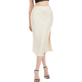 BALAYSIER Satin Skirt with Side Split Midi Skirts for Women Hidden Elasticated Waist Flowy Silk-Skirt(Beige,S)
