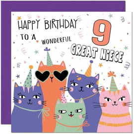9th Great Niece Birthday Cards - Childrens Cute Cat Great Niece Birthday Card for 9 Year old Kids Nine, Ninth