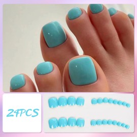 24Pcs Press on Toenails Short Square, Lake Blue French Tip False Toenails, Solid Color Spring Summer Glossy Acrylic Fake Toe Nails, Reusable Full Cover Stick on Toe Nails for Women Girls Manicure