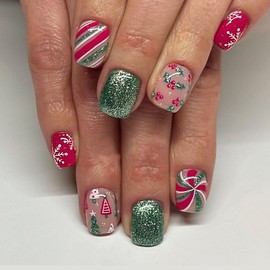 Christmas Bling Press on Nails Short Square Fake Nails with Holly Leaf Snowflake Candy Design Green Glitter False Nails Xmas Winter False Nails Tree Artificial Stick on Nails for Women Girls 24Pcs