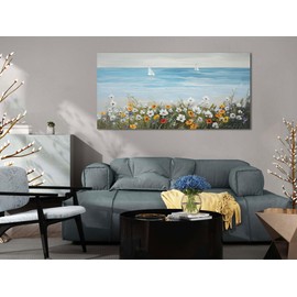 Ardemy Blue Coastal Wall Art Ocean Canvas Flowers Daisy Painting Landscape Sailboat Picture White Yellow Artwork Modern Seascape Large Framed for Bedroom Bathroom Living Room Home Office Decor 48"x24"