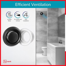 TURvent 4 inch Black/Anthracite Plastic Diffuser - Adjustable Vent Cover for Wall - Ceiling Duct Cover with Front Plate - Universal Valve for Exhaust and Supply Air - Round Ventilation Covers