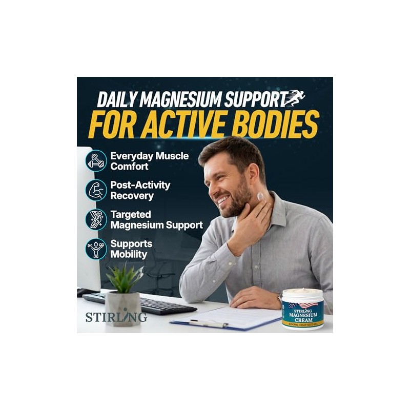 STIRLING Magnesium Cream - 4000mg Hemp Seed Oil, Magnesium, Arnica