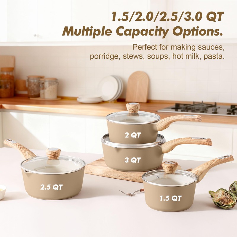 Ceramic Nonstick Sauce Pan with Lid, 1.5 Quart Small Saucepan,