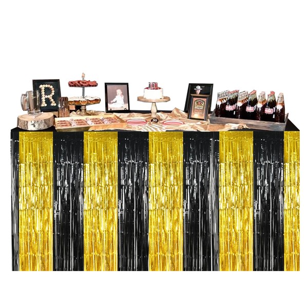 2 Packs Metallic Foil Fringe Table Skirt Black Gold Tinsel
