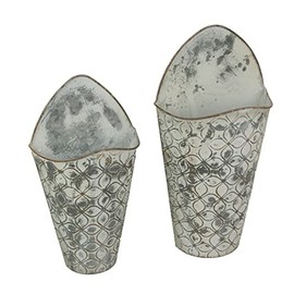 Antiqued Gray Enamel-Painted Embossed Metal Wall Pockets - Set of 2 - Transforming Your Space into a Boho Haven with Creative Charm and Farmhouse Flair